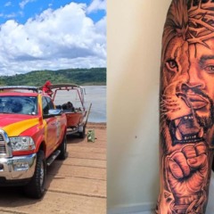 colagem com fotos do corpo de bombeiros e tatuagem do jovem desaparecido