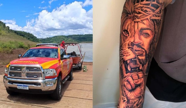 colagem com fotos do corpo de bombeiros e tatuagem do jovem desaparecido