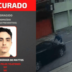 Um jovem está foragido por atropelar e matar um taxista em Curitiba. À esquerda, vemos Henrique Werner Mattos, um homem branco de cabelo preto, vestindo uma camiseta preta. À direita, vemos momento em que ele atropela o taxista Alcir Rosa de Oliveira.