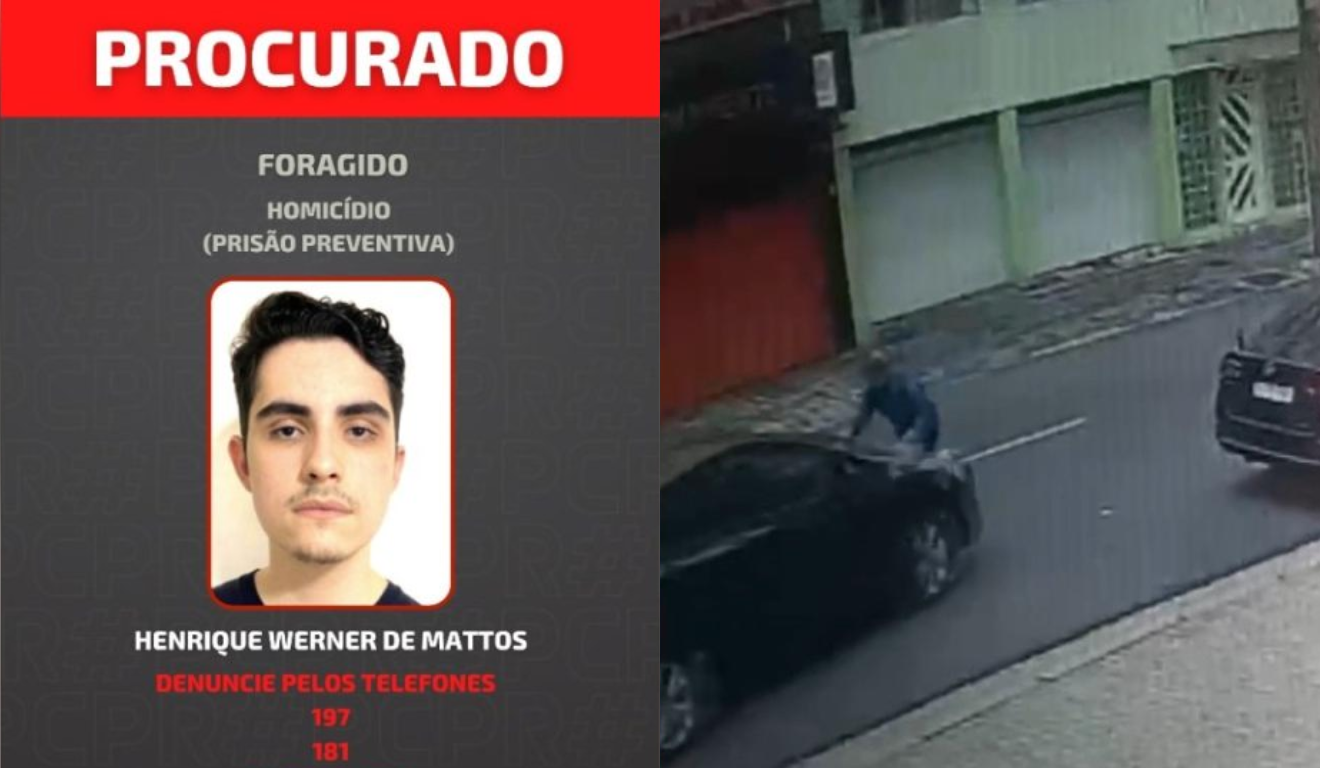 Um jovem está foragido por atropelar e matar um taxista em Curitiba. À esquerda, vemos Henrique Werner Mattos, um homem branco de cabelo preto, vestindo uma camiseta preta. À direita, vemos momento em que ele atropela o taxista Alcir Rosa de Oliveira.