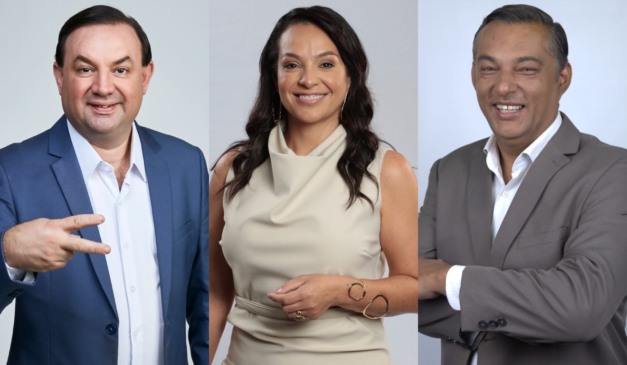Montagem com fotos dos apresentadores Salsicha, Kelly Moraes e Jota Junior