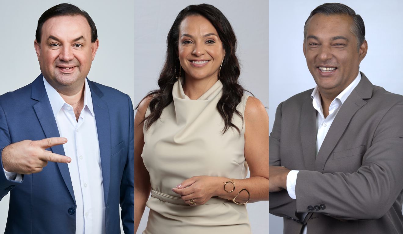 Montagem com fotos dos apresentadores Salsicha, Kelly Moraes e Jota Junior
