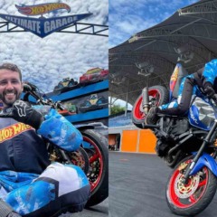 Montagem com duas fotos de Lurrique Ferrari durante apresentações no Beto Carrero World