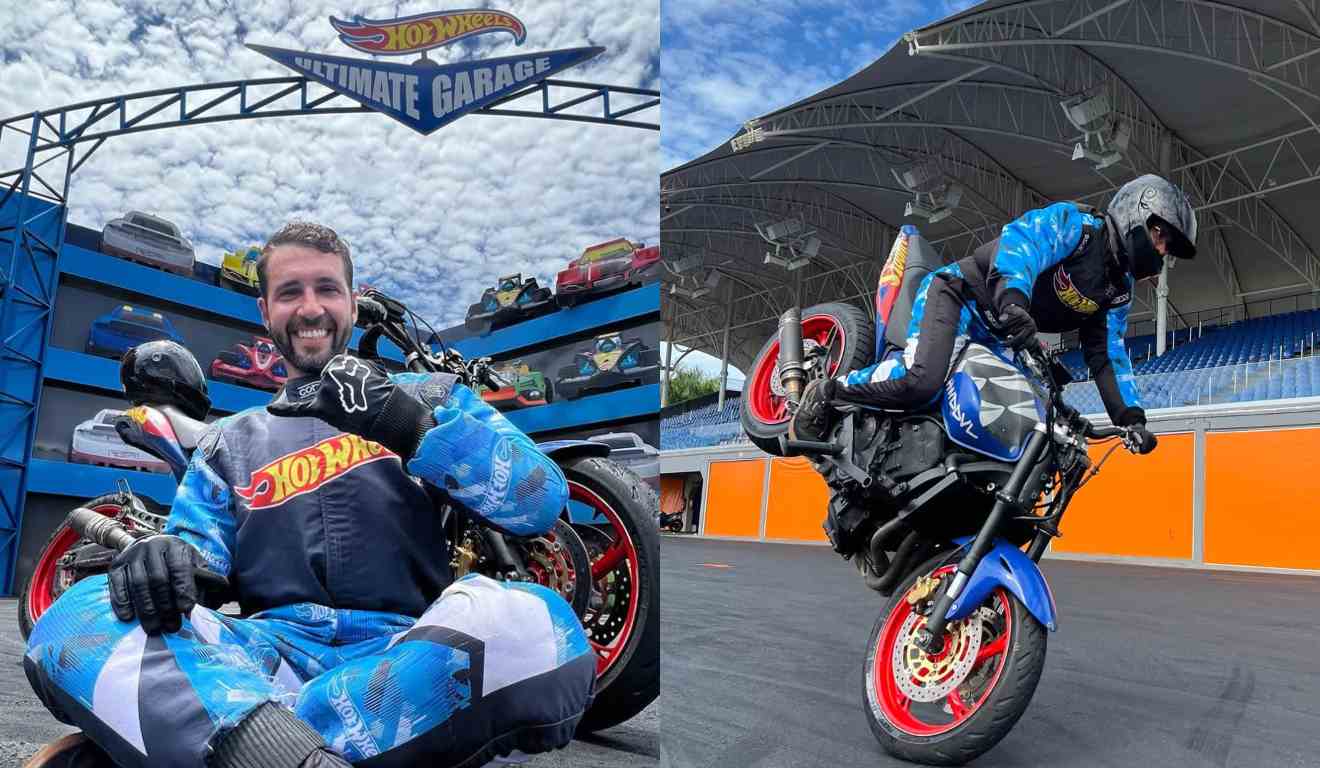 Montagem com duas fotos de Lurrique Ferrari durante apresentações no Beto Carrero World