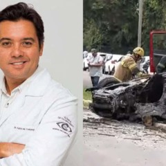 Médico que morreu em acidente em Maringá sorrindo e carro capotado ao lado em montagem