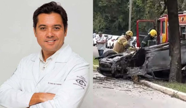 Médico que morreu em acidente em Maringá sorrindo e carro capotado ao lado em montagem