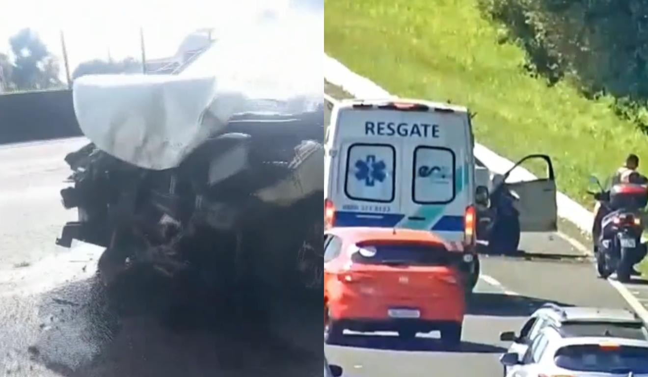 Carro destruído após acidente e BR-277 com trânsito