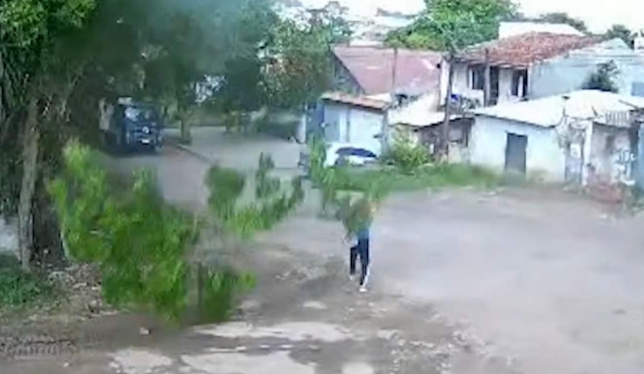 Mulher sendo atingida por galho