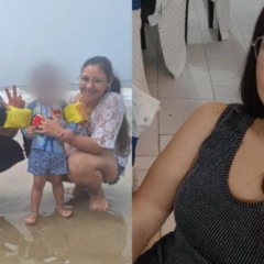 familia com dois filhos e foto de uma mulher sorrindo