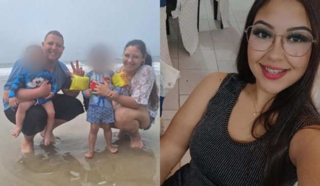 familia com dois filhos e foto de uma mulher sorrindo