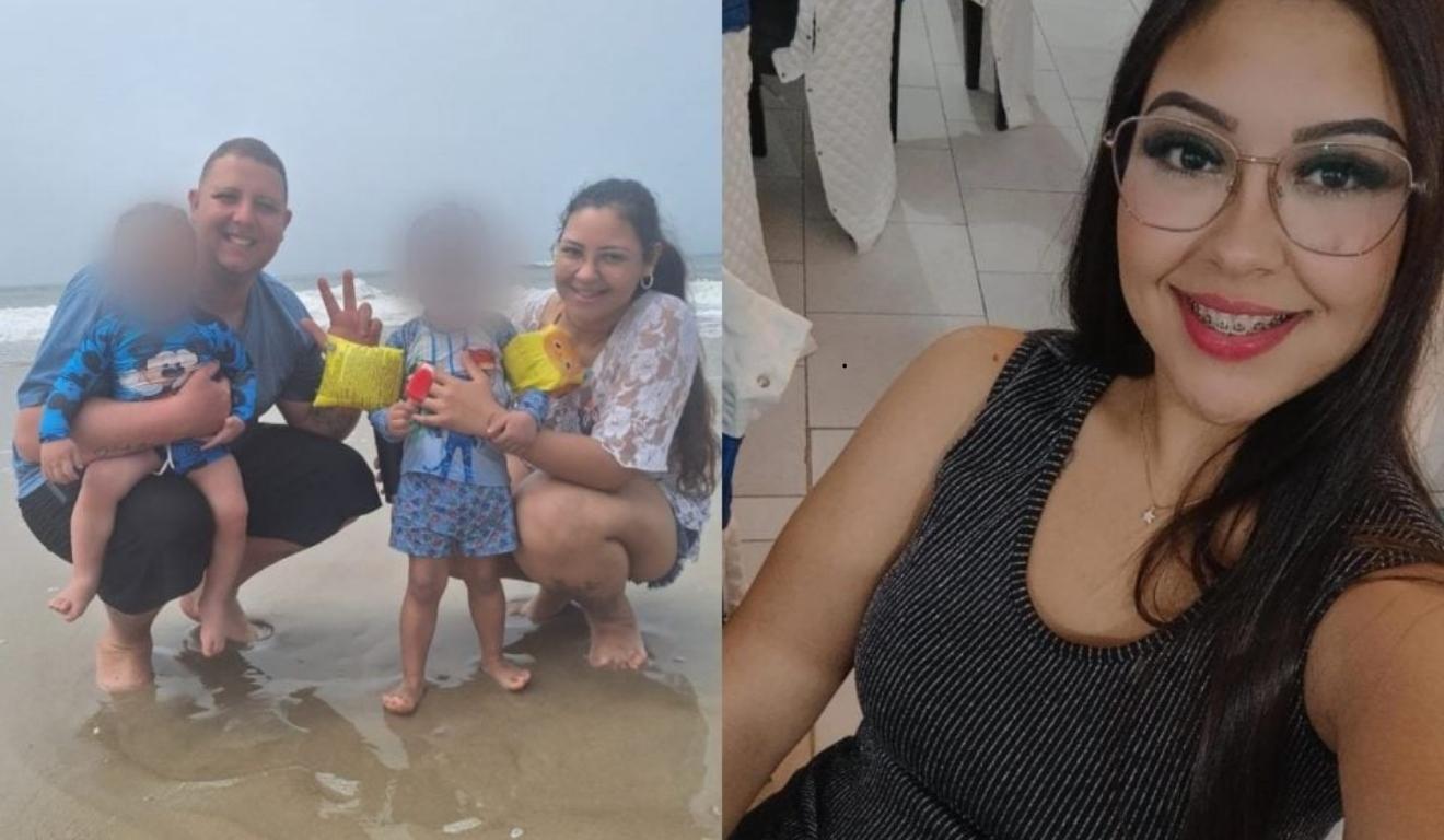 familia com dois filhos e foto de uma mulher sorrindo