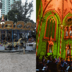 À esquerda, vemos o carrossel do Natal Condor no Passeio Público; à direita, o interior da Catedral de Curitiba durante o espetáculo Catedral de Luz Ademicon. Ambas atrações do Natal Curitiba 2025 estreiam neste fim de semana.