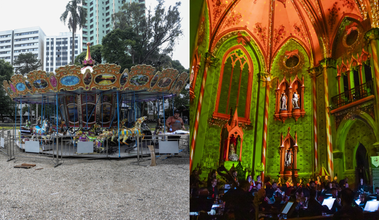 À esquerda, vemos o carrossel do Natal Condor no Passeio Público; à direita, o interior da Catedral de Curitiba durante o espetáculo Catedral de Luz Ademicon. Ambas atrações do Natal Curitiba 2025 estreiam neste fim de semana.