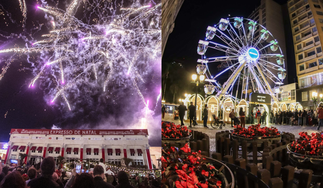 À esquerda, o Natal da Família Madalosso, à direita, a roda-gigante d'O Boticário. Ambos fazem parte do Natal de Curitiba 2025.