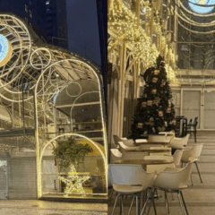 À esquerda, fachada da Rua 24 Horas, decorada para o Natal. À direita, o interior do local, iluminado, com árvore de natal e um boneco de pelúcia de cachorro com roupa do Papai Noel.