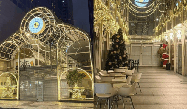 À esquerda, fachada da Rua 24 Horas, decorada para o Natal. À direita, o interior do local, iluminado, com árvore de natal e um boneco de pelúcia de cachorro com roupa do Papai Noel.