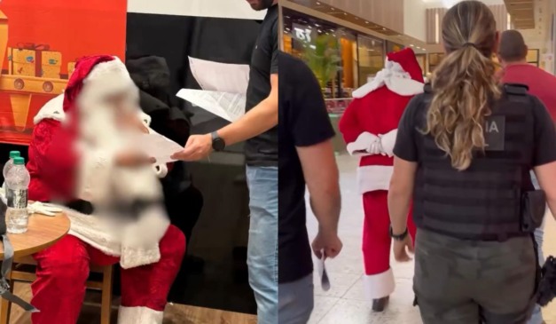Montagem com duas fotos do momento da prisão do Papai Noel em Santa Catarina