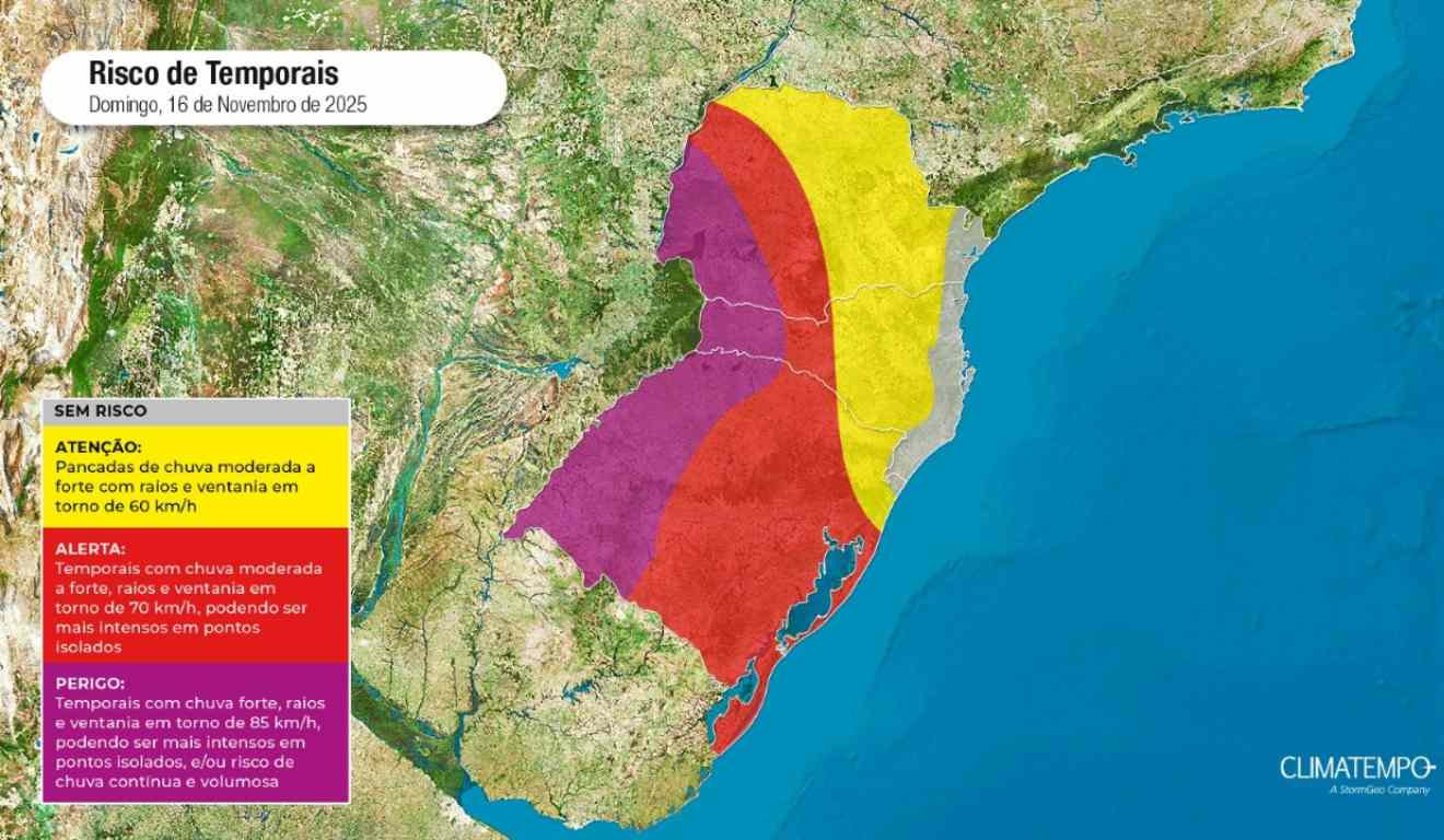 Mapa do Paraná com alerta de temporais