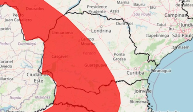 Mapa do Paraná com uma faixa vermelha na região oeste e noroeste