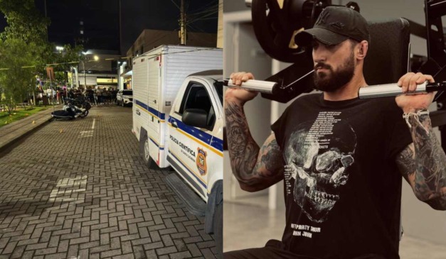 Montagem com fotos do local onde o personal trainer foi morto e da vítima