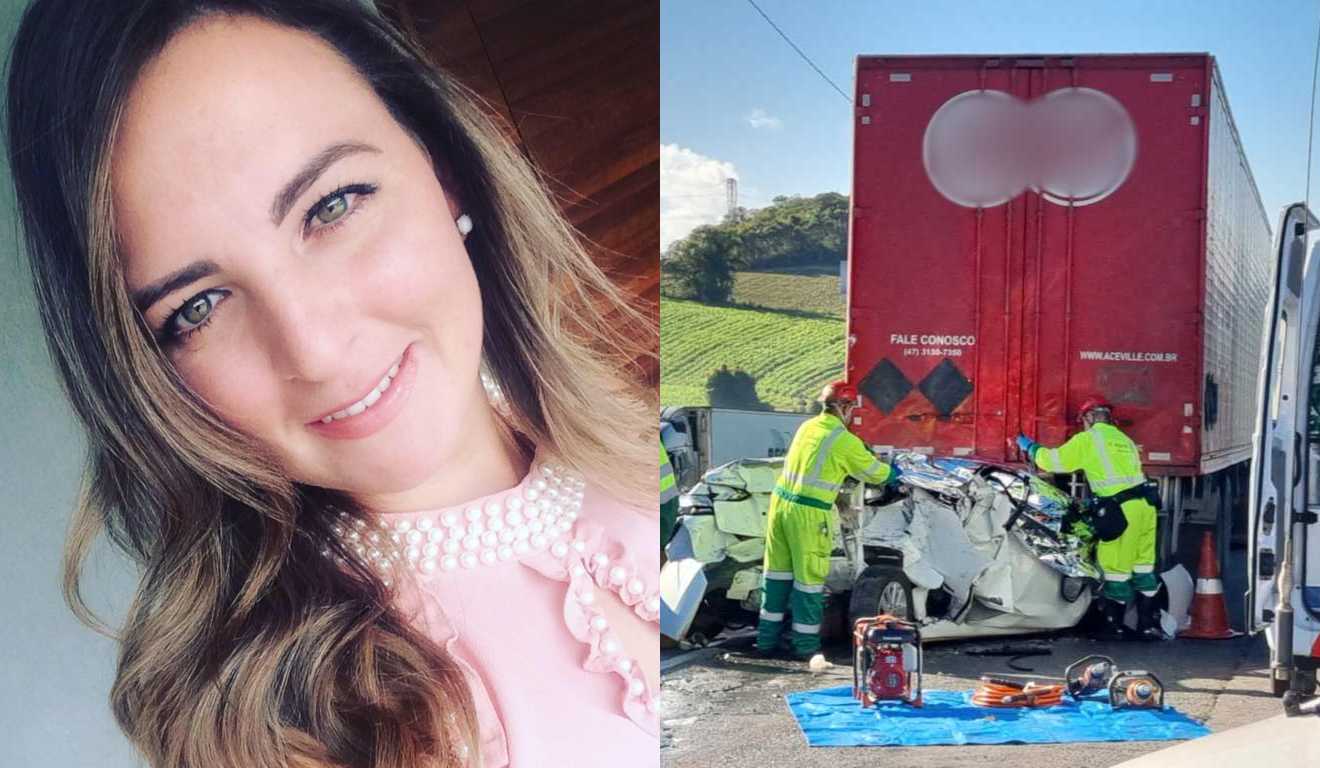 Montagem com foto de Liara Martins e do acidente na BR-376