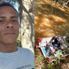 Montagem com duas fotos, na primeira a vítima Edivaldo Oliveira da Silva e ao lado das buscas no Rio das Almas