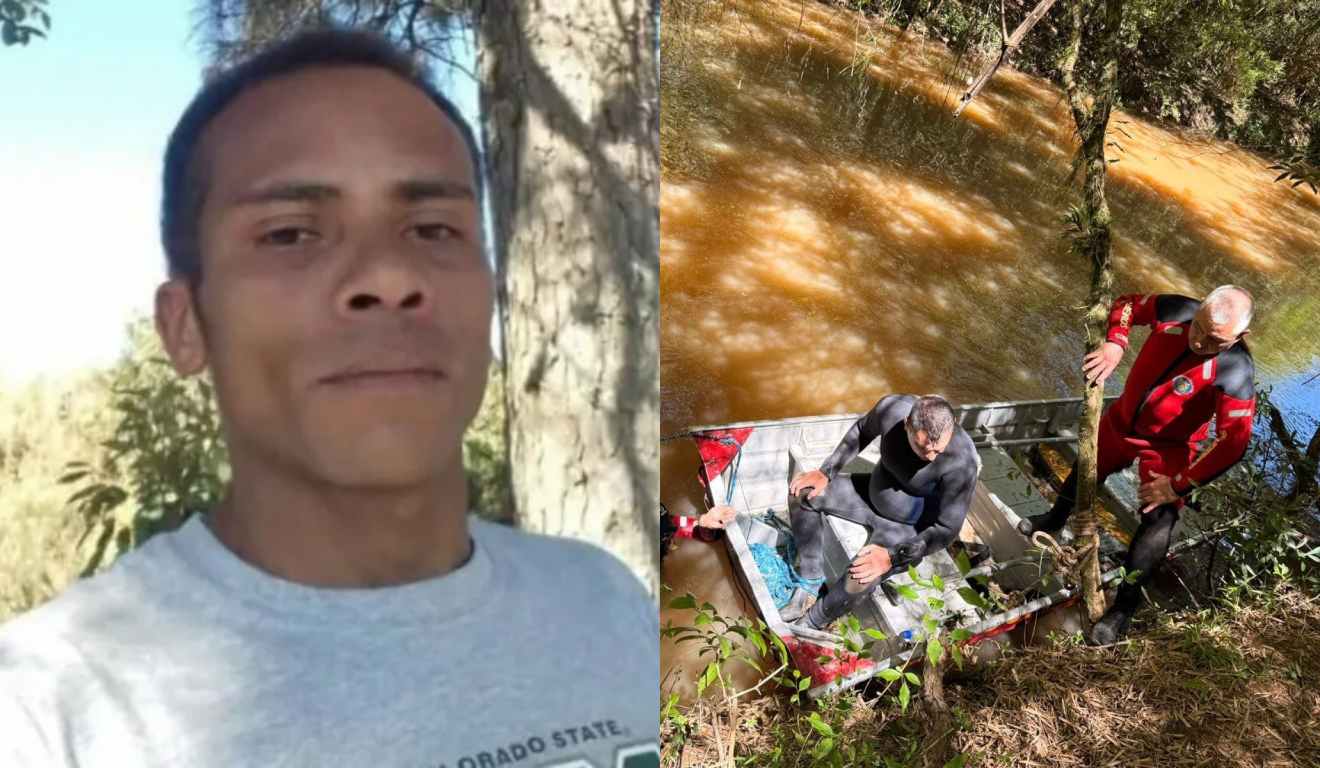 Montagem com duas fotos, na primeira a vítima Edivaldo Oliveira da Silva e ao lado das buscas no Rio das Almas