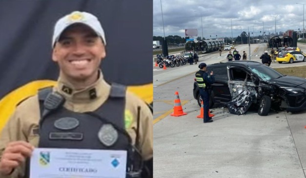 colagem com foto de policial militar William Roberto de Lima e o acidente que o matou