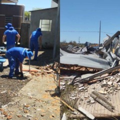 Colagem com imagem de presos ajudando na reconstrução de prédios públicos de Rio Bonito do Iguaçu