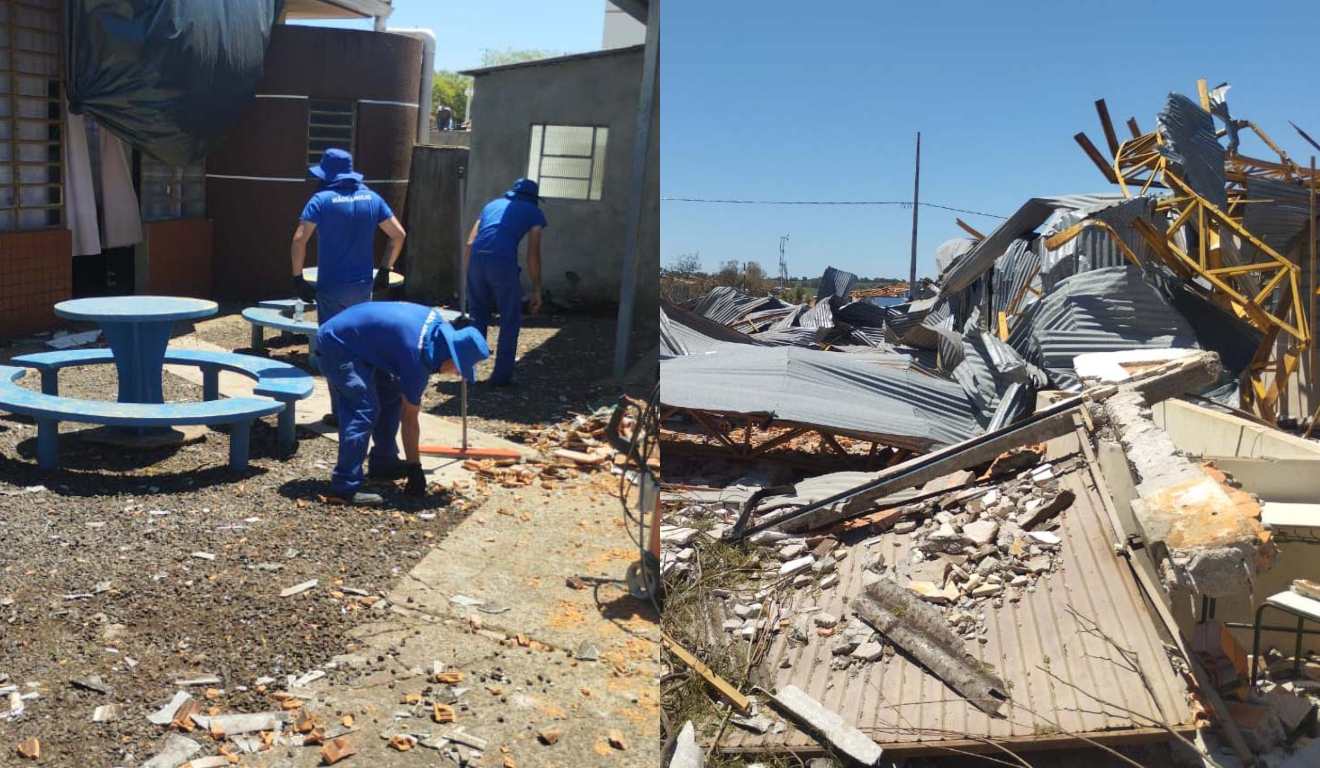 Colagem com imagem de presos ajudando na reconstrução de prédios públicos de Rio Bonito do Iguaçu