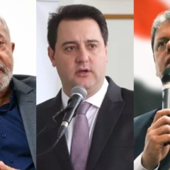 Montagem com fotos de Lula, Ratinho Jr e Tarcísio de Freitas