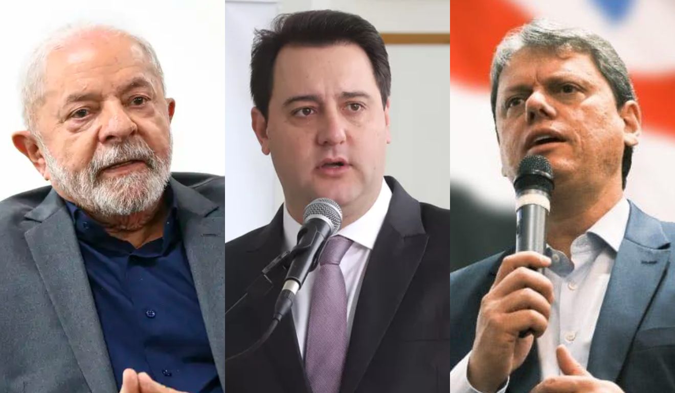 Montagem com fotos de Lula, Ratinho Jr e Tarcísio de Freitas 
