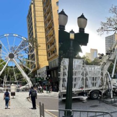 colagem com fotos da montagem de roda gigante na rua xv em curitiba