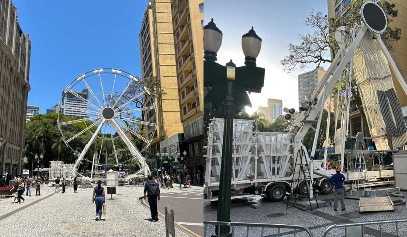 colagem com fotos da montagem de roda gigante na rua xv em curitiba