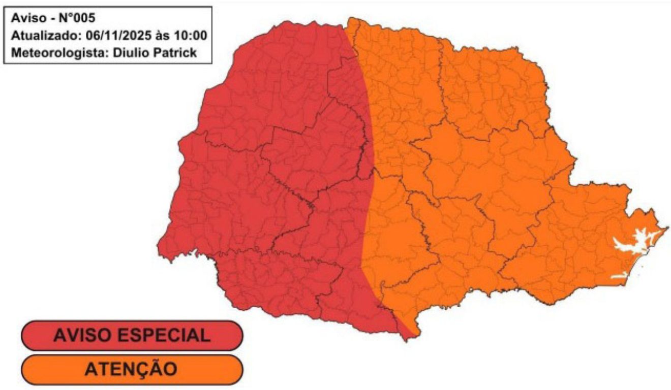 foto do mapa do paraná mostrando áreas em rico para tempestades
