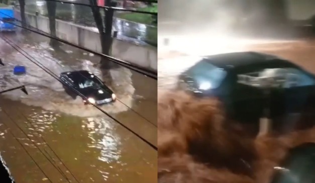 Carros em enchente durante temporais com fortes ventos que atingiram o Paraná