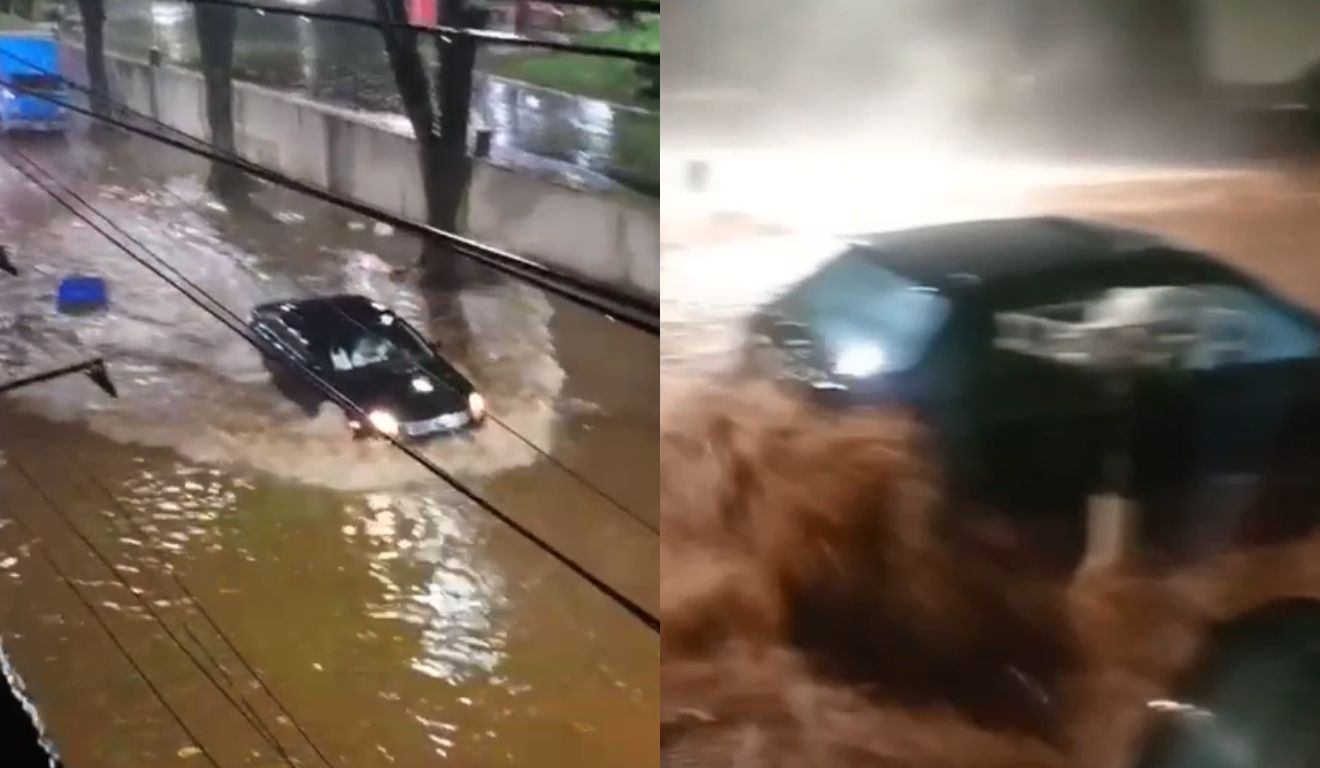 Carros em enchente durante temporais com fortes ventos que atingiram o Paraná