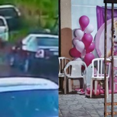 colagem com imagem que mostra flagrante de tiroteio em festa infantil