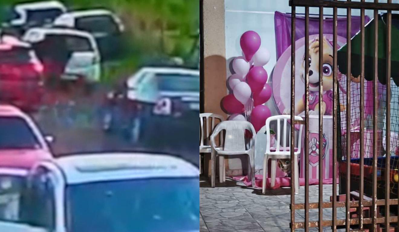 colagem com imagem que mostra flagrante de tiroteio em festa infantil