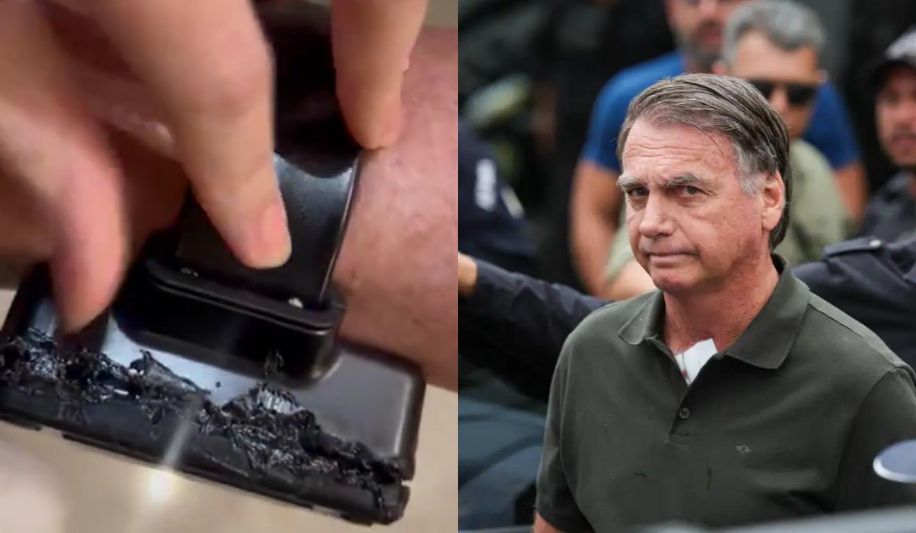 colagem com fotos de jair bolsonaro e tornozeleira eletrônica 