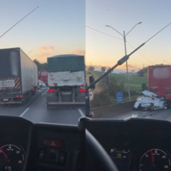 Montagem com imagens do acidente na BR-376, em São José dos Pinhais