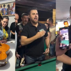 Montagem com três fotos de Zé Neto em bar de São José dos Pinhais