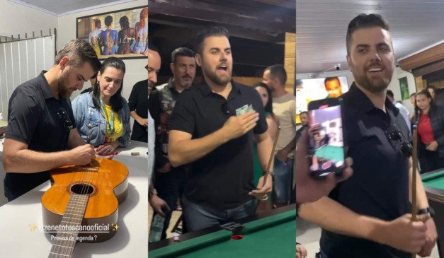 Montagem com três fotos de Zé Neto em bar de São José dos Pinhais