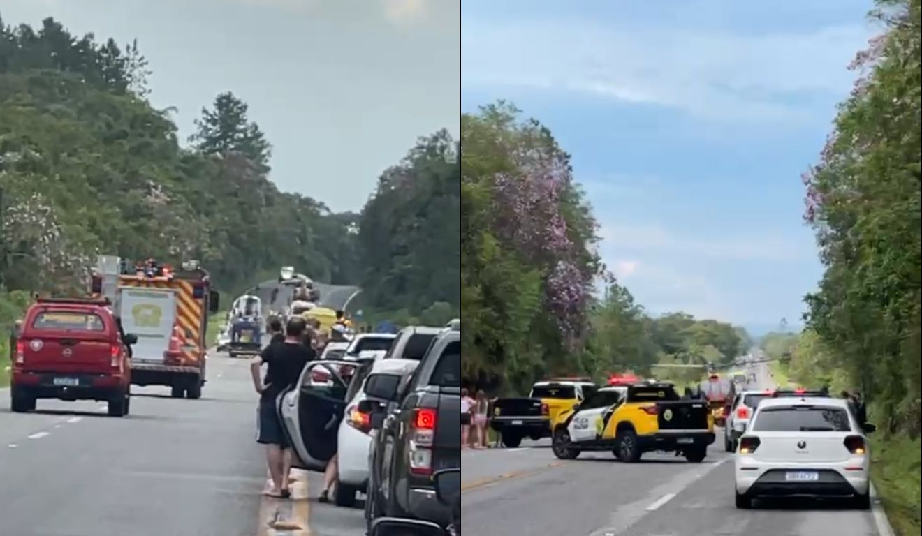 Dois frames do local do acidente na PR-508, em que cinco pessoas ficaram feridas em Paranaguá, Litoral do Paraná
