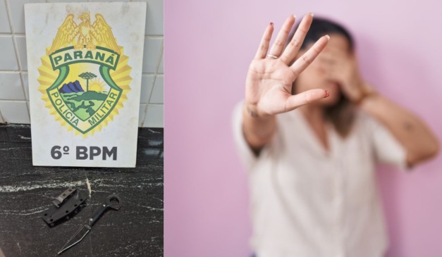 Imagem à esquerda mostra canivete apreendido com homem que arrastou pelos cabelos a ex-namorada; à direita, imagem ilustrativa de violência contra a mulher