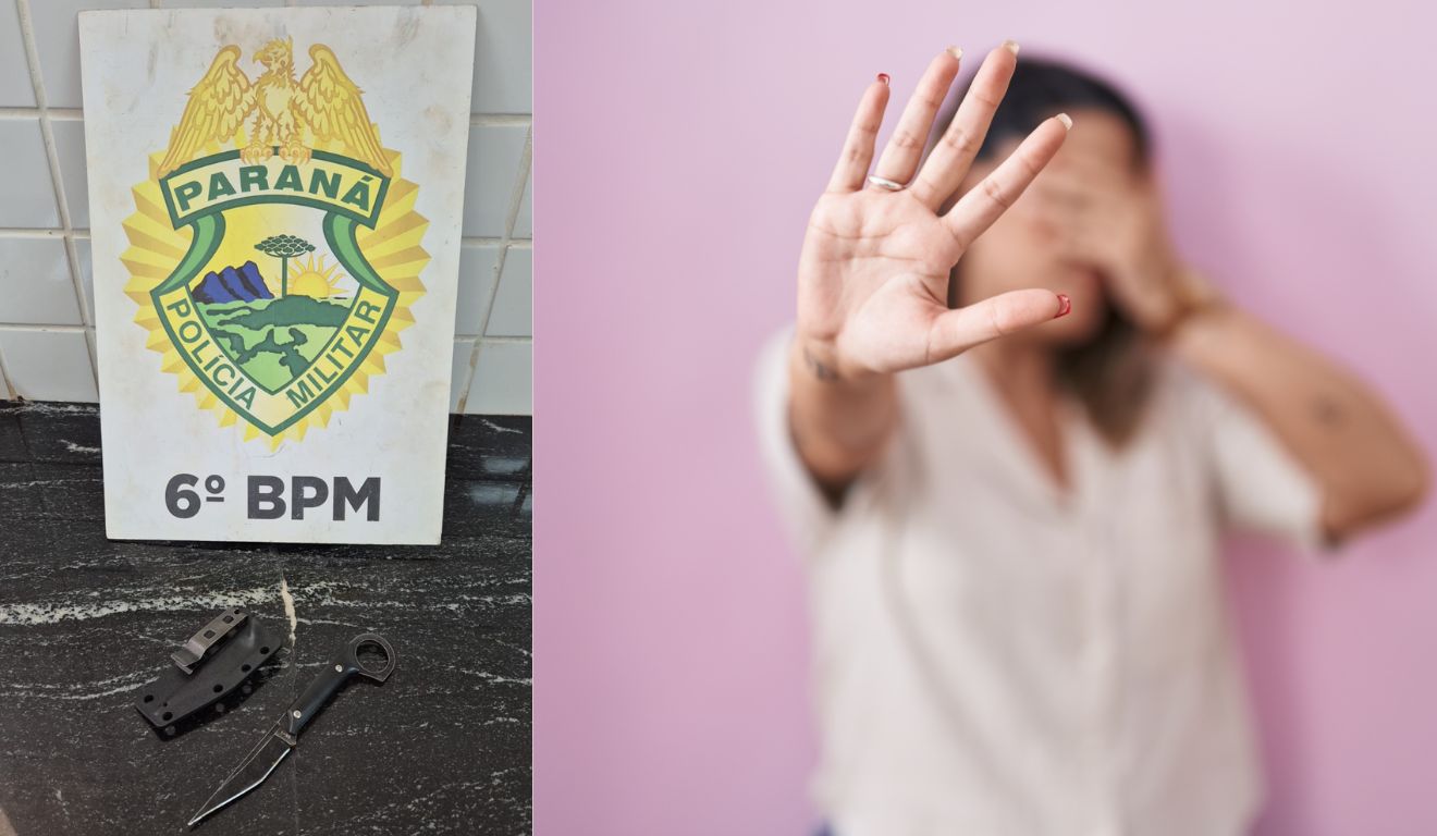 Imagem à esquerda mostra canivete apreendido com homem que arrastou pelos cabelos a ex-namorada; à direita, imagem ilustrativa de violência contra a mulher