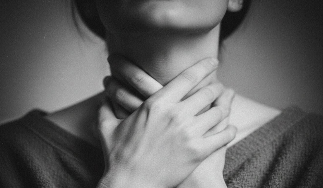 foto em preto e branco de mulher segurando a garganta