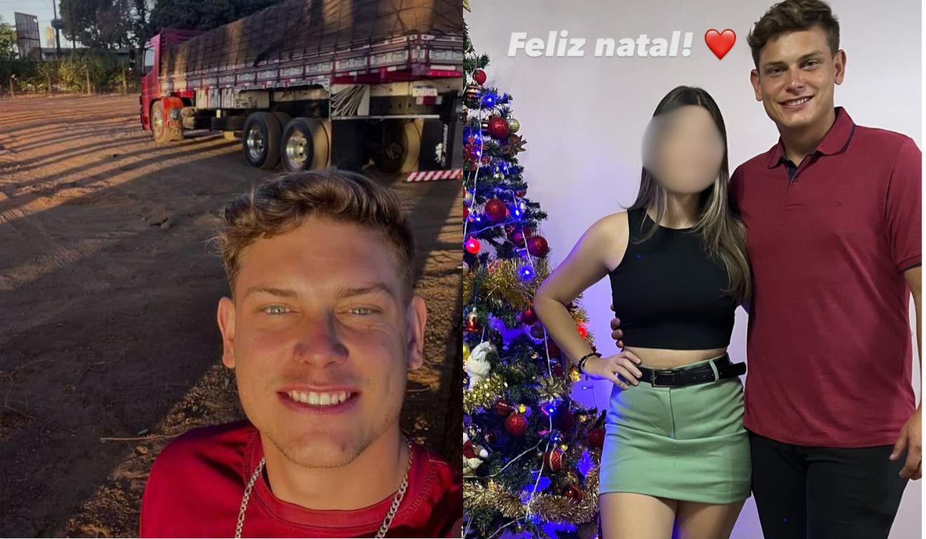 Duas fotos de Luiz Sérgio Navalski; À esquerda, o motorista morto em acidente na BR-476 posa com o caminhão ao fundo; à direita, Luiz está com a noiva