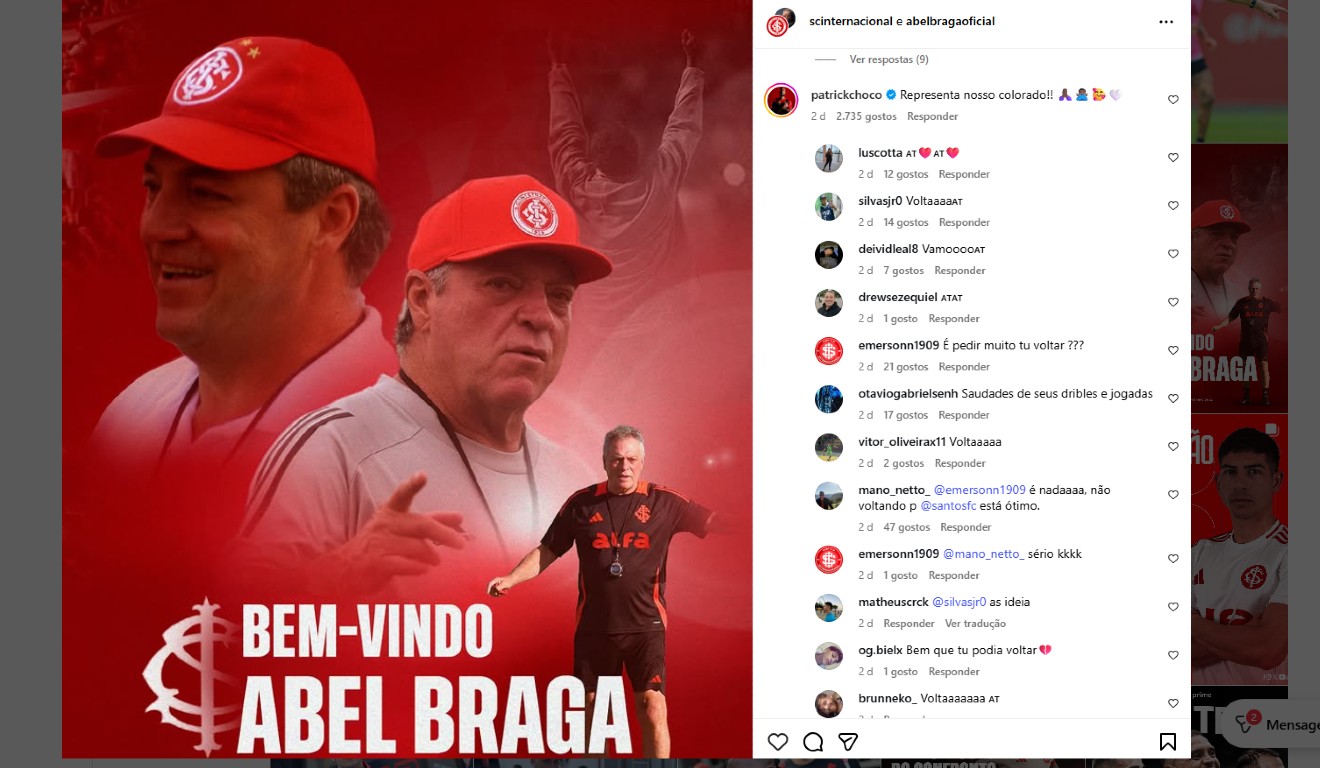 Comentário de Patrick, do Athletico, em post do Internacional