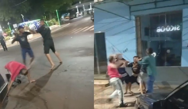 Imagens mostram frames da briga em Nova Aurora, no Paraná, que deixou homem esfaqueado; ele morreu horas depois